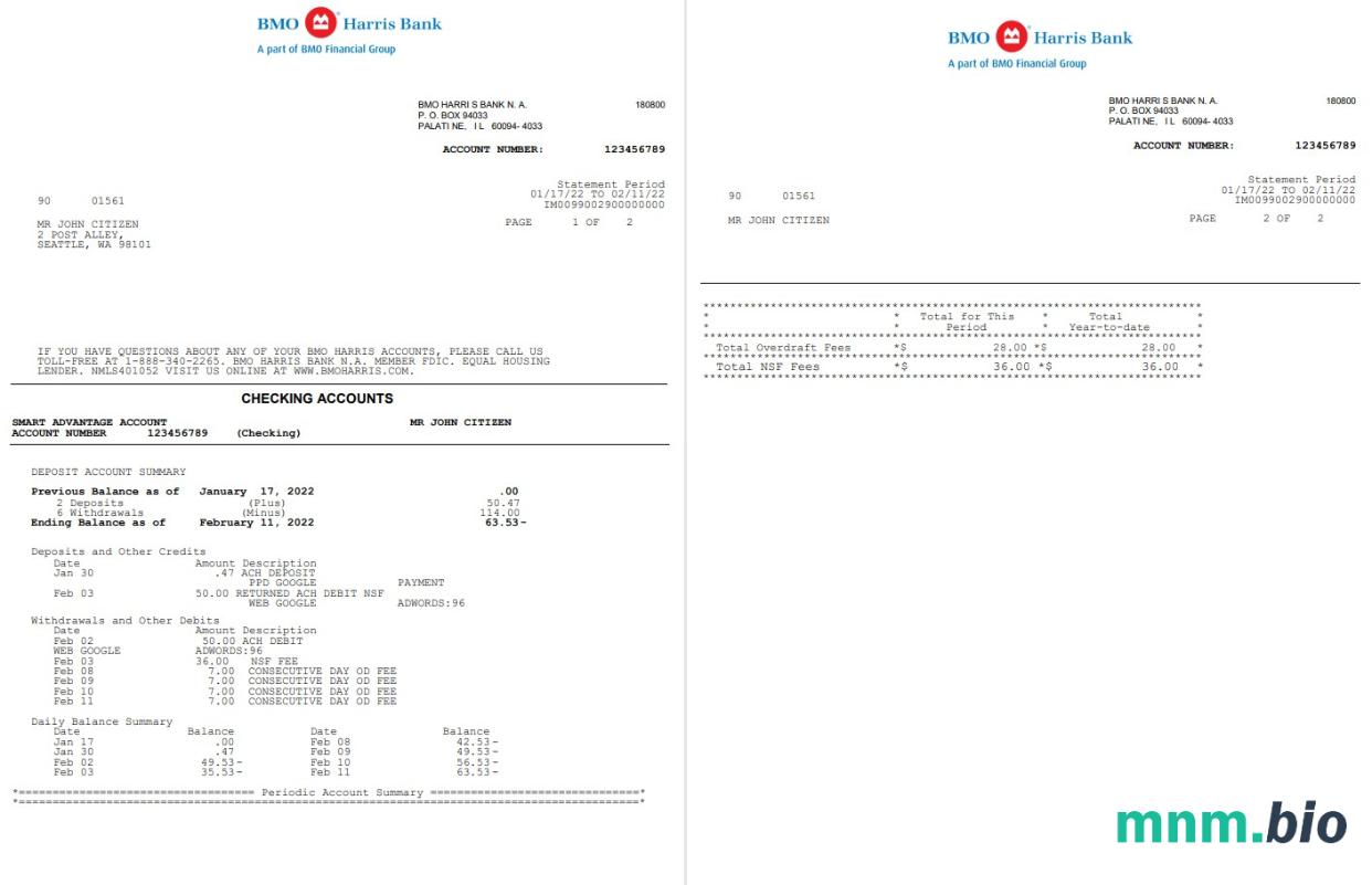 USA BMO Bank of Montreal Bank dowód adresu szablon oświadczenia w formacie Word i PDF